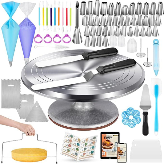 Kootek 180 Pcs Cake Decorating Kits Supplies - Aluminium Alloy Revolving Cake Turntable, Numbered Cake Decorating Tips and Frosting Tools for Baking Cupcake Cookie Muffin Kitchen Utensils