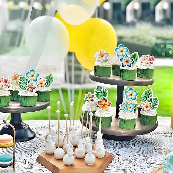 50Pcs Edible Frangipani Cupcake Toppers Edible Monstera Leaves Cupcake Picks for Hawaiian Floral Bridal Shower Engagement Wedding Cake Decors Hawaii Girls Birthday Party Decorations