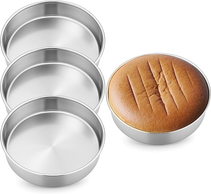 Leonyo 9½ Inch Round Cake Pans 4 Pack, Stainless Steel Layer Cake Pans 9½Inch Round Tins Set for Baking, Metal Circle Tin for Birthday Wedding Party, Dishwasher Oven Safe