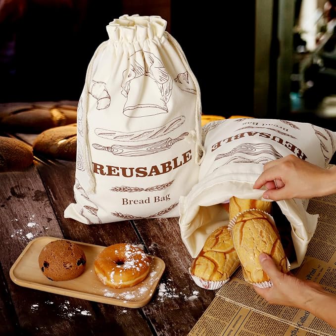 Bread Bags for Homemade Bread, 2 Pack Reusable Bread Bags, Linen Bag with Plastic Liner for Sourdough & Bread Storage