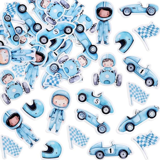 55Pcs Edible Cartoon Blue Race Car Cupcake Toppers Edible Racing Boy Driver Cupcake Picks for Racing Car Baby Boys Birthday Cupcake Decorations Boys Blue Birthday Party Decorations