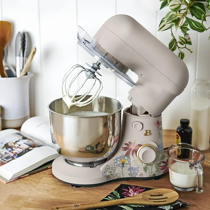 3.5 Qt Stand Mixer, 300W Powerful Motor, Tilt-Head Design with Stainless Steel Bowl, 12 Speeds, Includes Dough Hook Whisk Beater for Baking Mixing (Wildflower Porcini Taupe)