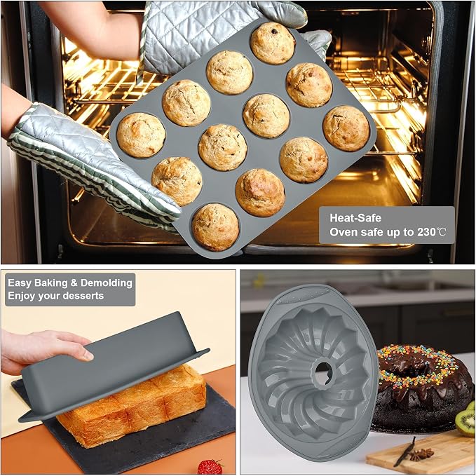 Aschef 9 in 1 Nonstick Silicone Baking Set - Ring Cake Pan, Cookie Sheet, Molds & Tray | Heat Resistant Bakeware Kit for Muffin, Loaf, Bread, Pizza, Cupcake