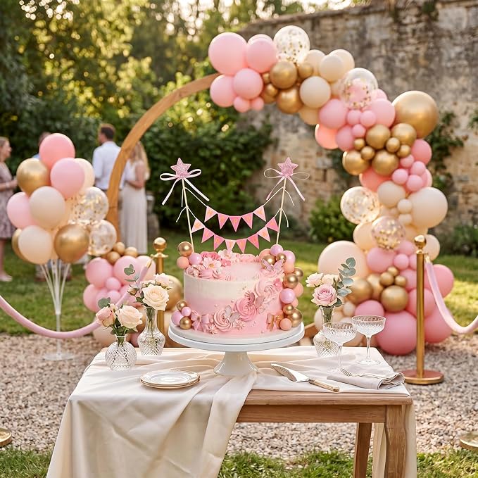 16 Pcs Happy Birthday Cake Topper Cake Bunting Topper Banner with Wood Pole Rainbow Garland with Bow Ribbon Balloon, Mini Cupcake Decor for Birthday Baby Shower (Pink,Gold)