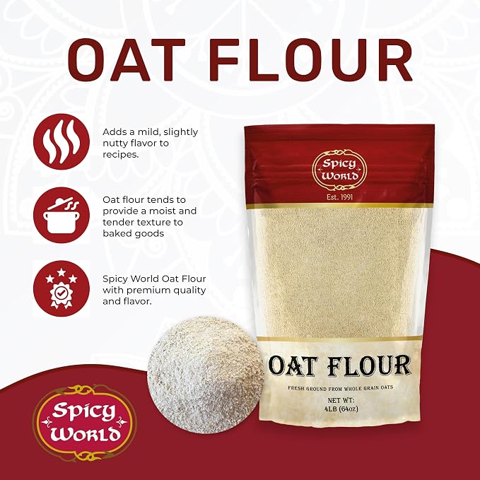 Oat Flour Whole Grain 4 LB LARGE Bag - Pure, USA Grown, For Baking & More, Non-GMO, Great Wheat Substitute - by Spicy World