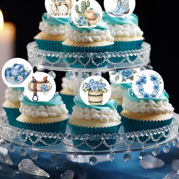 36PCS Edible Floral Horse Cupcake Toppers Wafer Paper Blue Pop-up Derby Horse Cowboy Cake Picks Edible Rodeo Western Boots Cupcake Toppers for Jockeys Equestrian Theme Supplies