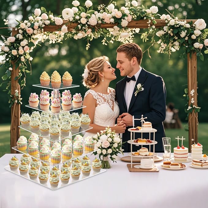 weddingwish 5 Tier Cupcake Stand, Acrylic Cupcake Tower Stand, Square Tiered Display Stand, Clear Dessert Table Display Stand for Wedding,Birthday,Party