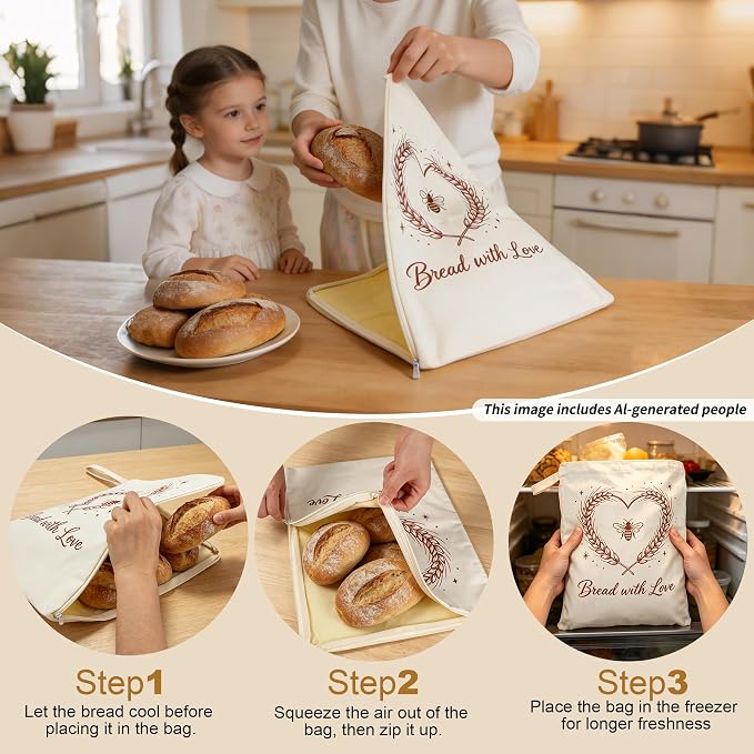 2-Pack Beeswax Bread Bags & 3 Wraps for Sourdough & Homemade – L-Zipper | Natural cotton, 17x13 in bag with wide L-zipper. Includes 3 wraps S/M/L. Reusable, freezer safe, washable, keeps bread fresh.