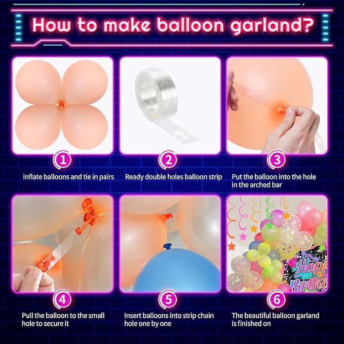150 Pcs Neon Balloons Arch Garland Kit, Glow in the Dark Neon Birthday Party Decorations, Balloons for Back to 80S 90S Glow in the Dark Birthday Decorations