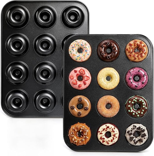 Lawei 2 Pack 12-Cavity Non-stick Donut Pan, Carbon Steel Donut Baking Pan for Muffin, Cake, Dessert, Mini Bagel Mold Donut Trays for Oven, Microwave, Freezer Safe