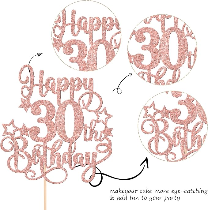 1 PCS Happy 30th Birthday Cake Topper Glitter Cheers to 30 Years Birthday Cake Pick Hello 30 Fabulous Cake Decoration for Happy 30th Birthday Anniversary Party Decorations Supplies Rose Gold