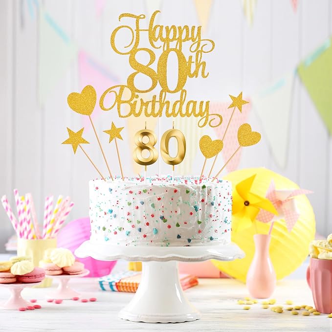 80th Birthday Cake Decorations, 80th Birthday Candles Cake Numeral Candles and Glitter Happy 80th Birthday Cake Toppers Set for Birthday Party Supplies (Gold)