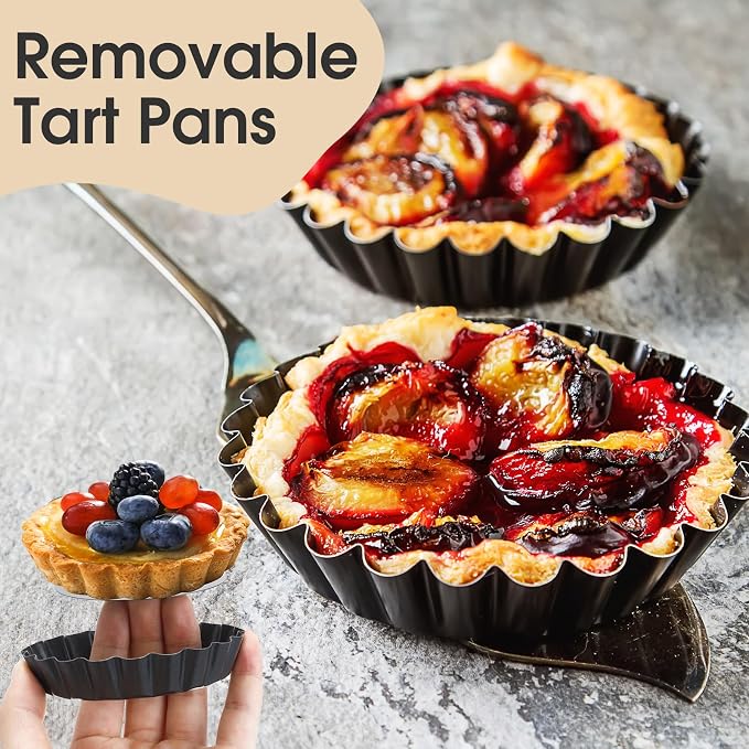 Ziliny 8 Pcs Non Stick Tart Pan with Removable Bottom 4'' 9.5" 10" 11" 12.6" Quiche Baking Dish Round Carbon Steel Mini Pie Pans Fluted Edges for Mousse Cakes Dessert Baking Tool Christmas Party