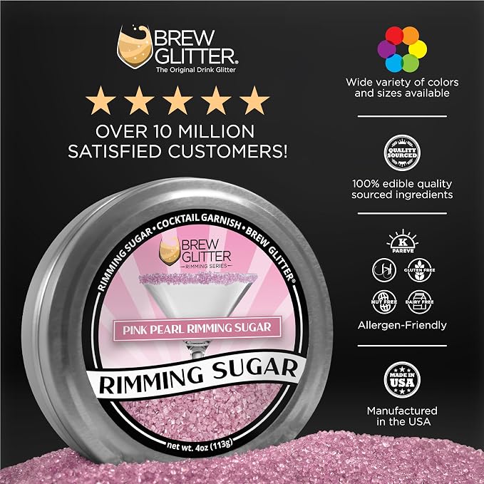 Brew Glitter - Rimming Sugar (4oz, 1x Bar Tin) Cocktail Garnish for Mixed Drinks & Refreshments (Pink, 1lb)