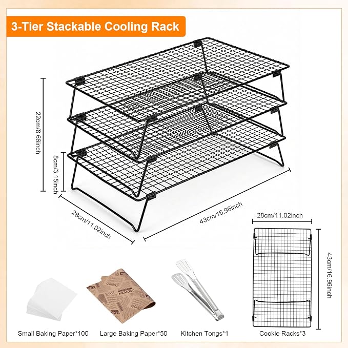 3 Tier Large Cooling Rack for Baking, 17 x 11 Inch Stackable Stainless Steel Wire Cooling Racks, Collapsible Cookie & Bread Cooling Rack with 150 Baking Papers and Stainless Steel Cake Tongs