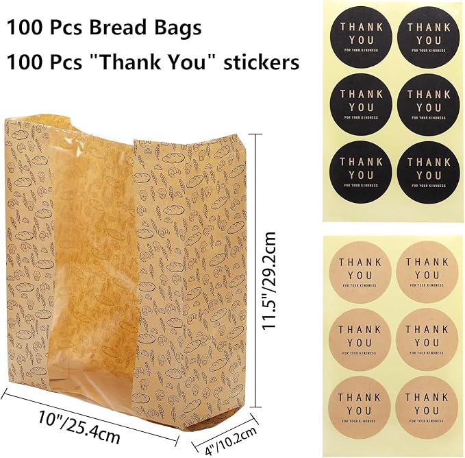 Hacaroa 100 Pack Paper Bread Bags with Clear Window, 10.8"x10"x4" Kraft Bakery Bag with 100 Stickers, Brown Toast Packaging Bags for Sourdough Bread, Cookie