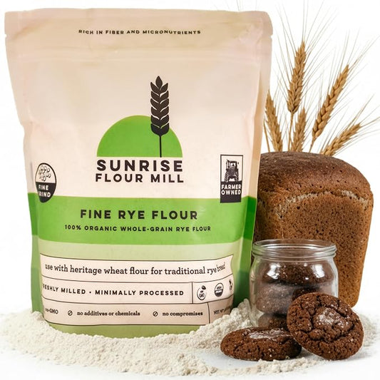 Sunrise Flour Mill Organic Fine Rye Flour | 2 LB | Rye Flour Organic | Whole Grain Bread Flour for Sourdough | No Artificial Ingredients | Non-Aluminum Baking Powder
