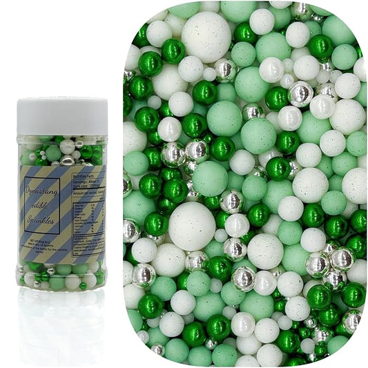 Dynastang Mixed Size Green Series & White Pearls Sprinkles Edible Pearls Cake Decorating Pearls Cake Decorations Cupcake Toppers Decorating Perfect for Cakes, Cupcakes, Desserts 3OZ
