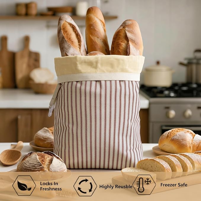 Stripe Reusable Beeswax Bread Bags for Homemade Bread & Sourdough, 2-Pack XL Airtight Food Storage Bags, Organic Cotton Linen Covers - Freezer-Friendly Freshness Preservation Keeps Fresh Longer