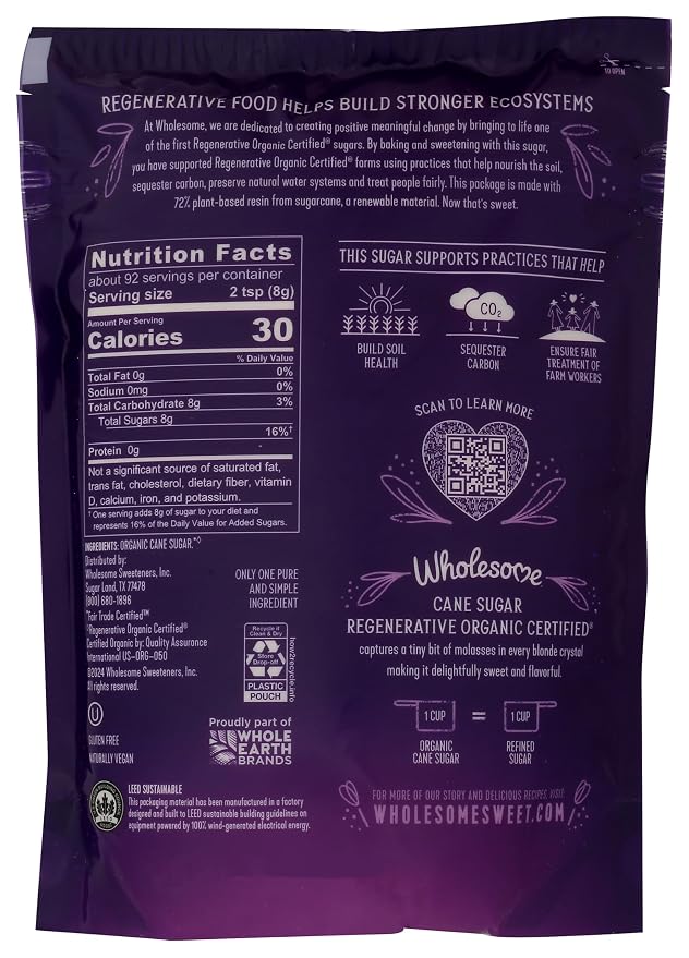 Wholesome Sweeteners 26-Ounce Cane Sugar, Fair Trade, Non GMO, Gluten Free & Vegan, for Baking and Sweetening, 1 Pack