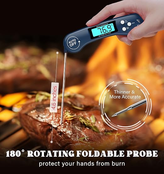 DOQAUS Digital Meat Thermometer, Instant Read Food Thermometer for Cooking with Backlit & Auto-Rotating Display, 4.6” Probe for Grilling, Baking, and Perfect BBQ - Blue