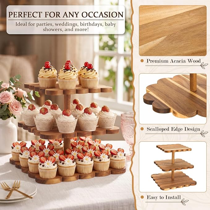 Novabright 3 tier Square Acacia Wood Cupcake Stand Rustic Square Dessert Display, Sturdy Wooden Cake Stand for Weddings, Parties Kitchen, Baby Shower, Birthday