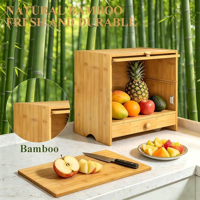 2 Tier Bread Box with Slicer and Cutting Board Extra Large | Bread Storage,Keep Bread Fresh,Natual Bamboo,Large Capacity,Space-Saving,Acrylic Window,For Homemade Bread,Kitchen Storage
