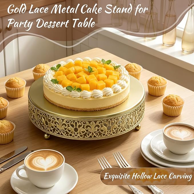 14 Inch Luxury Light Gold Cake Stand, Round Metal Dessert Display with Ornate Filigree Lace, Dual‑Coated Premium Finish for Wedding, Anniversary & Elegant Home Decor