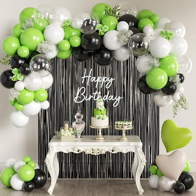 157Pcs Black White and Lime Green Balloons Garland Arch Kit with Black Fringe Curtain for Birthday Bridal Baby Shower Gender Reveal Weddings Graduation Party Decorations