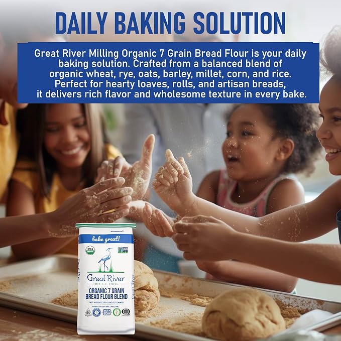 Great River Milling Organic 7 Grain Blend Bread Flour | Unbromated & Unbleached Flour | Non-GMO, Kosher | Stone Ground for Baking, Bread, Muffins & More | 25 Lb