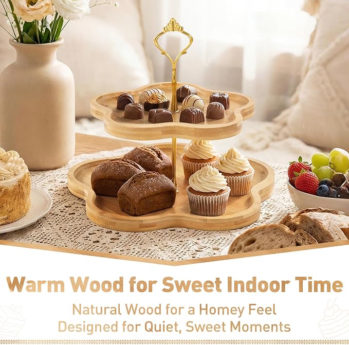 DUJUST Elegant 2-Tier Wooden Cupcake Stand with Flower-Shaped Design, Rustic Bamboo Tiered Serving Tray for Cupcake, Desserts, Tea Party, Wedding, Farmhouse & Kitchen Decor, Easy to Install & Clean