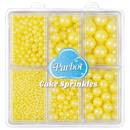 Yellow Pearl Sprinkles for Cake Decorating, 4 Sizes Sugar 130g/4.6oz, Cupcake, Ice Cream, Donuts, Macaron Toppings Supplies (2mm, 4mm, 7mm, 1cm)