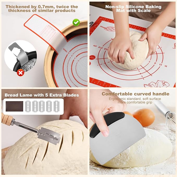 Sourdough Bread Baking Supplies, Banneton Bread Proofing Basket, 10 Inch Oval & Round Bread Baskets with Liners & Covers, Sourdough Starter Kit