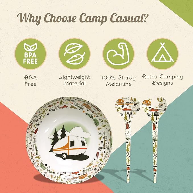 Camping Bowl with Servers Set - 11.8” x 11.8” Melamine Bowls for Salads, Popcorn, Fruits & More - BPA Free, Top Shelf Dishwasher Suitable Dinnerware Set for Indoor & Outdoor Dining by Camp Casual