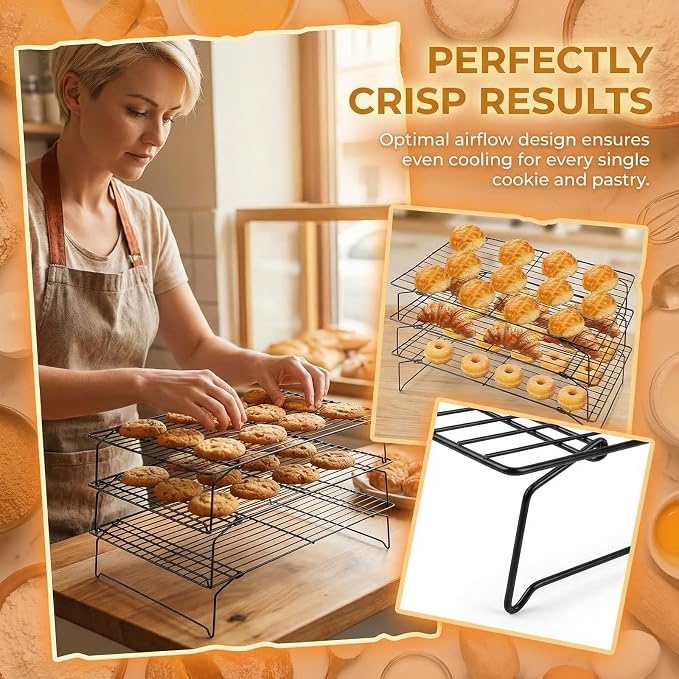 3-Tier Collapsible Cooling Racks, Detachable Wire Cooling Rack Stackable Drying Rack for Cookie Bread Pizza Baking, Fruits, Snacks Perfect for Outdoor Camping