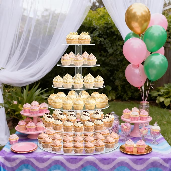 Cupcake Stand for 80 cupcakes, Acrylic, Large, Round, 6 Tier, Easy Assembly, Clear, for Wedding,Birthday, Party, Baby Shower