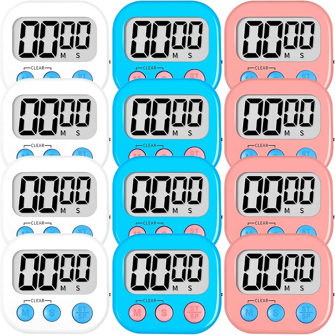 ZILLEEN 12 Pack Kitchen Timers for Cooking Digital Classroom Timers for Kids Teachers White Pink Blue