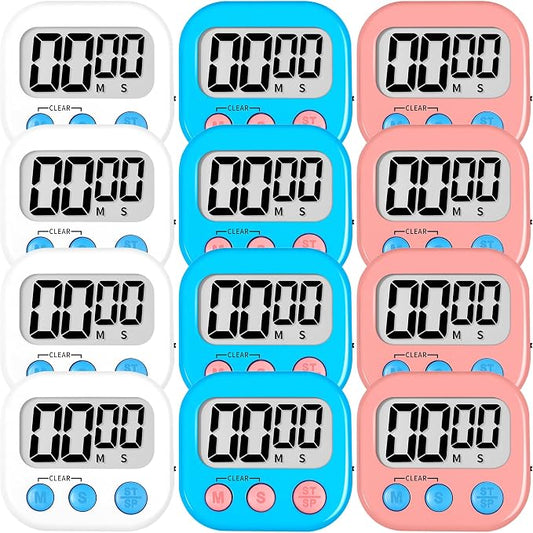 ZILLEEN 12 Pack Kitchen Timers for Cooking Digital Classroom Timers for Kids Teachers White Pink Blue