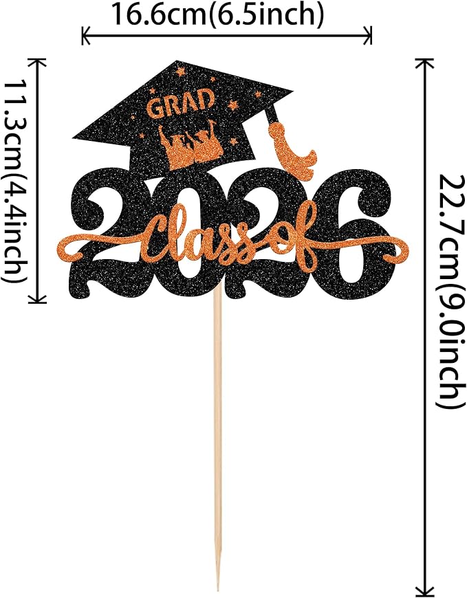 1 Pack Class of 2026 Cake Topper Glitter Congrats Grad Cap 2026 Graduation Cake Pick Decoration for 2026 Graduation Theme High School Graduate Party Cake Decorations Supplies Orange