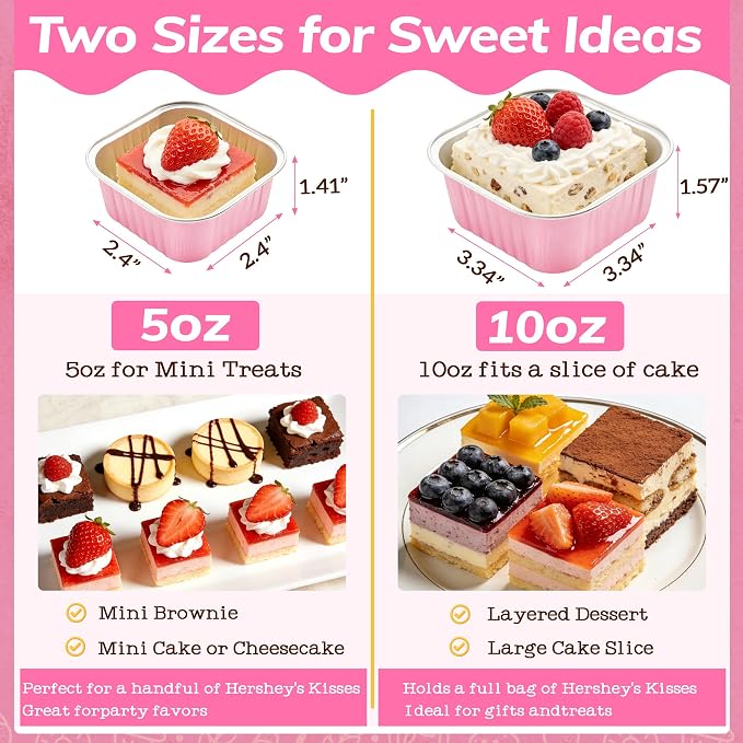 NPLUX 50 Pcs Mini Cake Pans with Lids and Spoons Aluminum Foil Mini Square Baking Cups with Lids Disposable Ramekins Cake Pans Dessert Cups for Wedding, Graduation Gifts Party Favors(Pink,5oz)