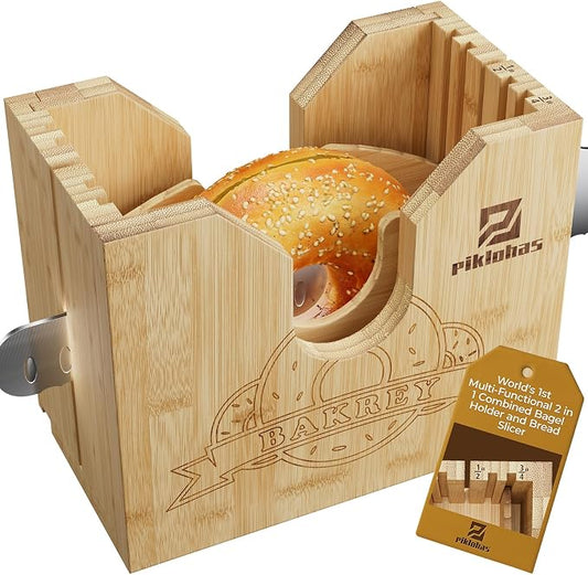 Piklohas 2025 Upgrade Bagel Slicer, Bamboo Bagel Cutter for Small and Large Bagels, Bread Slicer for Buns, English Muffins, 2 Adjustable Thickness, Anti-slip Mat, Ideal for Gift (No Knife)
