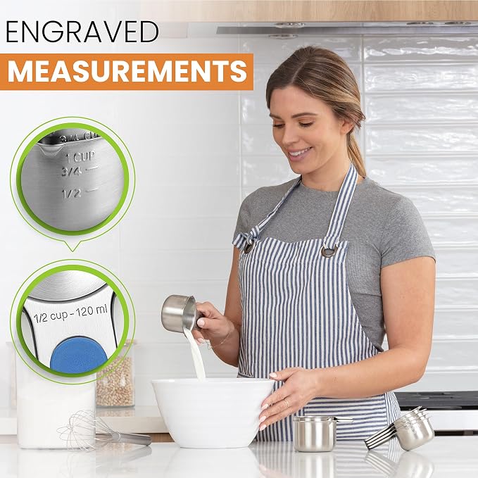 Spring Chef Stainless Steel Magnetic Measuring Cups, Set of 7 & Heavy Duty Magnetic Measuring Spoons, Set of 8 with Leveler - 2 Product Bundle - Winter Frost