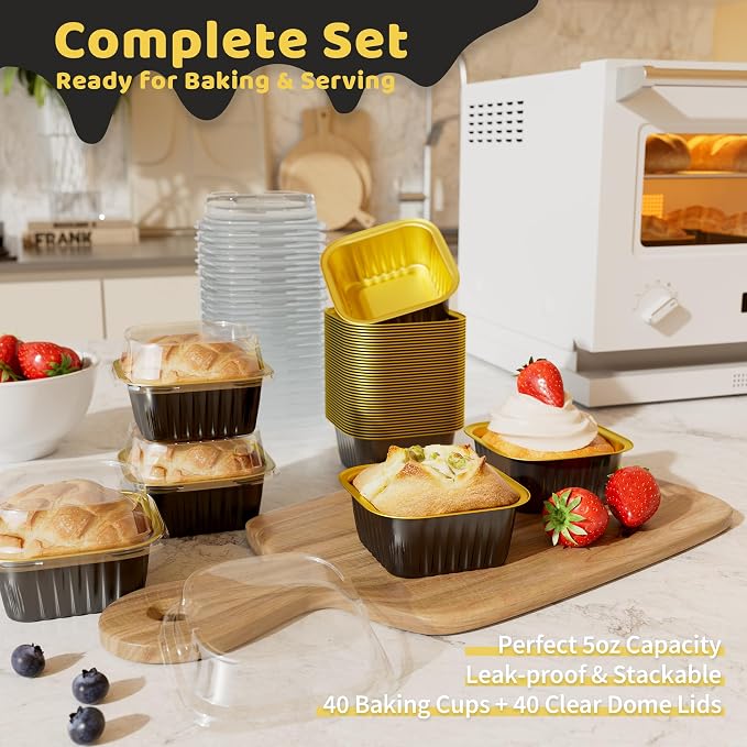 40 Pack 5 OZ Mini Cake Pans with Lids, Disposable Square Aluminum Foil Brownie Baking Cups, Mini Aluminum Foil Cupcake Muffin Tin Ramekins, Flan Molds Cake Containers for Wedding Birthday Party, Black