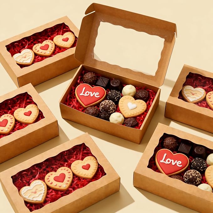 20pcs 8x5x2 Inch Cookie Boxes Bakery Boxes with window Chocolate Covered Strawberries Box Treat Box for Macaroon Dessert Pastry Muffins-Brown