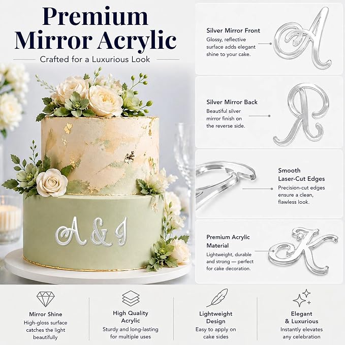 27PCS Silver Monogram Alphabet Cake Decor Set A–Z & Symbol Mirror Acrylic Decorative Letter Cake Decorations Personalized Initials for Wedding Anniversary Engagement Celebration