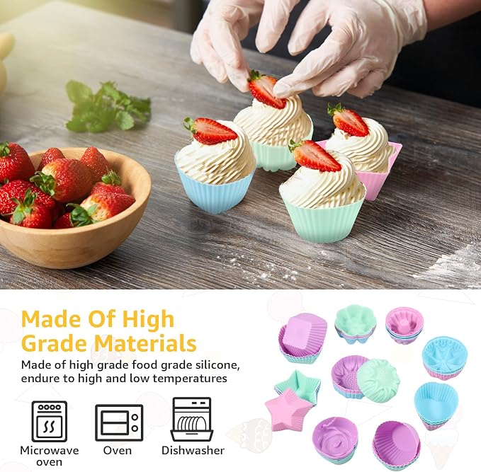 36Pcs Silicone Donut Mold, Non-Stick Muffin Liners, Reusable Bagel Baking Cups, 9 Types Stackable Donut Trays, Heat Resistant Bakeware for Bagel Muffin Jelly