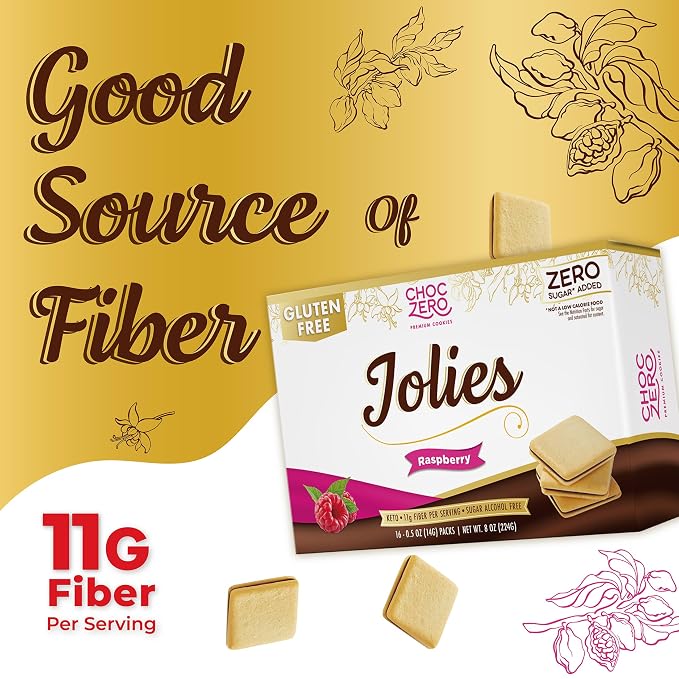 ChocZero Dark Chocolate Raspberry Jolies Cookies, Sugar Free Chocolate Filled Cookies, Gluten Free, Keto, Low Carb, High Fiber, 8 oz Box