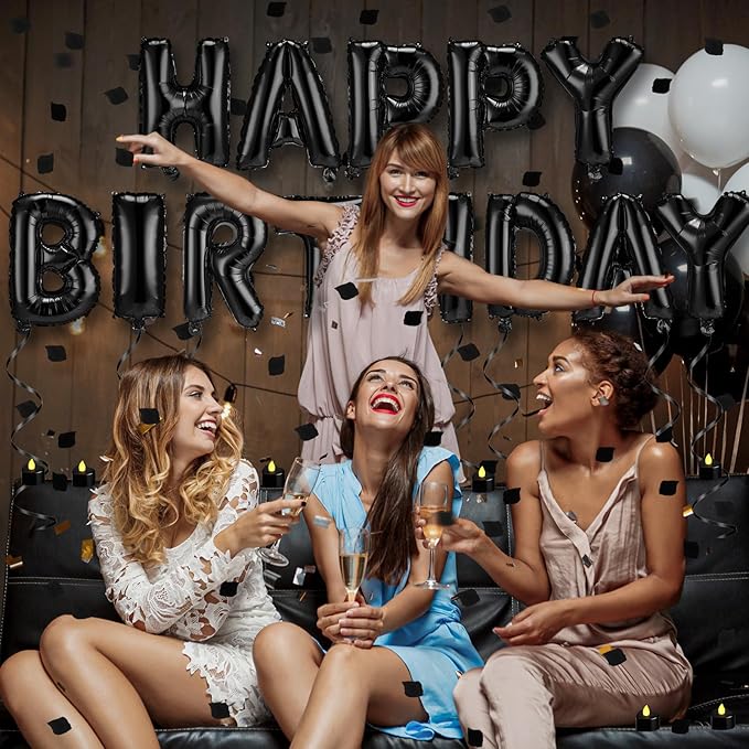 Black Happy Birthday Balloons Decorations Happy Birthday Letter Balloons Banner Set with 24pcs Heart Flameless LED Candles and 2000pcs Artificial Rose Petals for Women Men Room Party Decor