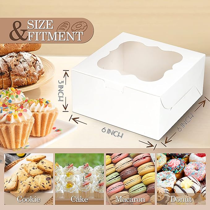 KPOSIYA 65PCS Bakery Boxes with Window 6x6x3 Inches 5 Style Cookie Boxes Small Pastry Boxes for Candy, Dessert, Pastry, Donuts, Birthday Party, Wedding(White)