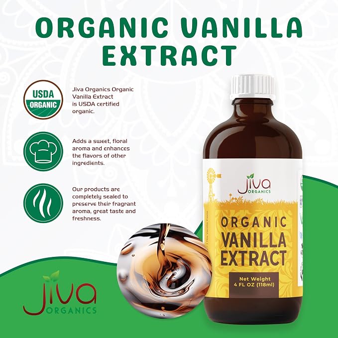 Jiva Organics Pure Vanilla Extract 4oz - 100% Real Extract - For Cooking, Drinks & Desserts - 100% Vegan, Sugar Free & Kosher - Non-GMO & Gluten-Free